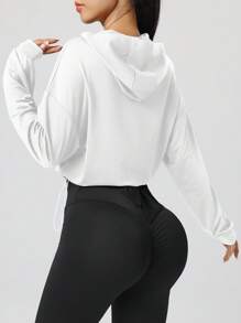 Women's Drawstring Hem Hooded Short Jacket, Casual Sporty Zip-Up For Running, Fitness, Yoga