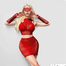 5pcs Women's Party Event Outfit, Red Fishnet Ultra Short Playsuit & Mask Set For Night Club Stage Performance - A - View 2