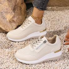 Women's Round Toe Breathable Casual Sport Sneakers With Wedge Heel, Gold Bar Decor And Lace-Up, Fashion Shoes - Beige - View 2