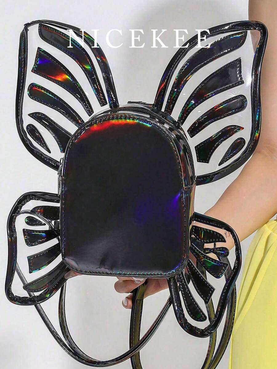 Personalized Casual Butterfly Wings Fashionable Backpack Mini Novel Laser Colorful Transparent Women Schoolbag Niche Design Creative Bag High-Looking Backpack Suitable For Outdoor Electronic Music Festival - Black - View 1