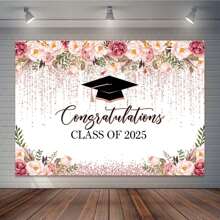 1pc Rose Gold Floral Watercolor Dot 2025 Graduation Photo Backdrop, Celebration Photography Studio Prop For 2025 Graduation Party Decor - Color - View 7