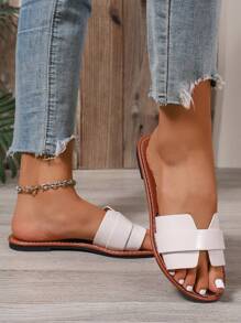 Korean Style Casual Flat Sandals, Open Toe, Woven Roman Design, Suitable For Spring, Summer, Fall, Beach, Outdoor, Dress, Holiday, Fashion Comfortable Flat Slippers For Women In Brown Color - Beige - View 5