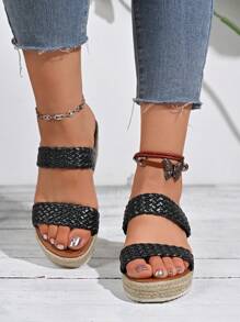Women's Platform Wedge Sandals, Single Strap, Straw Sole, Wide Fit - Black - View 4