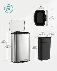 SONGMICS 13 Gallon (50 L) Trash Can, Stainless Steel Kitchen Garbage Can, Recycling Or Waste Bin, Soft Close, Step-On Pedal, Removable Inner Bucket, White - Bạc - Xem 5