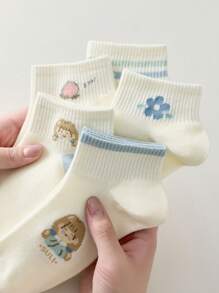 1/3/5 Pairs Of Women's Short Socks,Invisible Socks,White Socks,Black Socks,Grey Socks,Women Socks,Cute Socks,Girls Socks, Black Socks,Cartoon Details, Guide Rail Breathable Hole Design, Moisture Wicking, Soft And Smooth, Suitable For Various Holidays, Sports, Leisure, Business And Other Daily Wear, Can Be Worn All Year Round, Color Combinations Are Random. - Multicolor - View 4