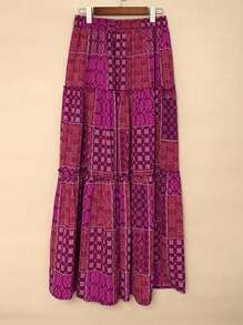 Women's New Bohemian Style High Waist Skirt, Loose Casual Elegant Color Block Floral Print Patchwork Lace Hem Skirt, Spring/Summer - Màu đỏ tím - Xem 10