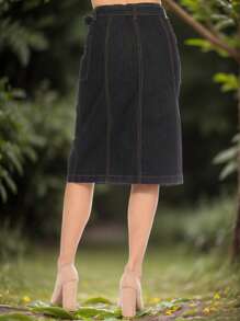 Denim Midi SkirtPlainCasualCuteDenimButtonPocketButton Frontdenim Skirt - Black - View 4