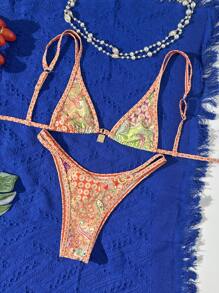 Summer Women Retro Print Bandeau Bikini Set - Multicolor - View 1