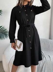 Women Collar Plain Solid Pockets Buttons Belted Mini Shirt Dress Ladies Long Sleeve OL Office Work Casual Loose Dresses - Black - View 2