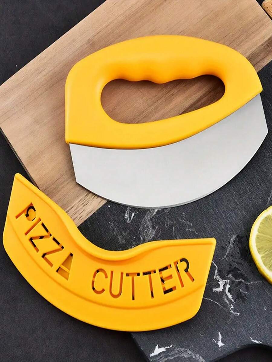 1/2pcs Kitchen Uses Stainless Steel Pizza Cutter With Protective Cover, Pizza Knife, Circular Cheese Slicing Semi-Circular Rocking Knife Baking Tool, Suitable For Pizza, Salad, Vanilla, Household Multi-Purpose