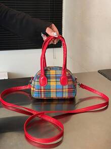 1pc Handtas (Groot/Klein) Amerikaanse Retro Niche Messenger Bag Plaid Contrast Kleur Hand-Held Bowling Bag Schoudertas, Koreaanse Stijl Veelzijdig, Schouderband Casual en Comfortabel, Glad en Lang Veelzijdig, Geschikt voor Dagelijkse Boodschappen en Reizen van Meisjes