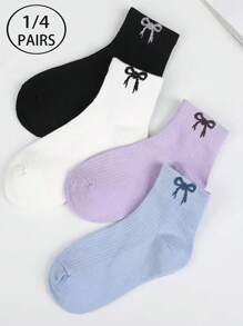 1/4 Pair Women Plain Ballerina Style Simple Versatile Breathable Bow Decorative Short Socks, Ins Chic College Style Mid-Calf Socks, Comfortable Soft Moisture Wicking, Suitable For Daily, Casual, Sports, Gifting, All Seasons - Multicolor - View 1