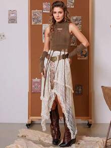 蕾丝边薄纱半身裙，街头风个性半身裙（无内衬） - 卡其色 - 查看 7