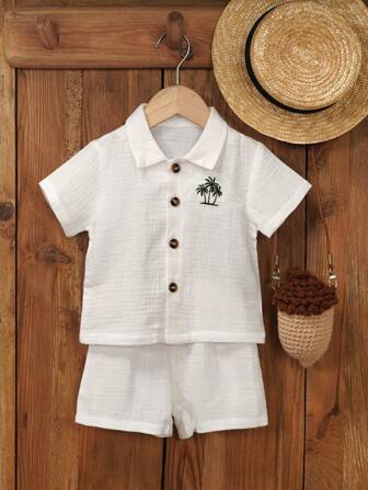 minizone 2 件装男婴休闲白色 T 恤和短裤套装，百搭短袖上衣和裤子套装，适合新生儿