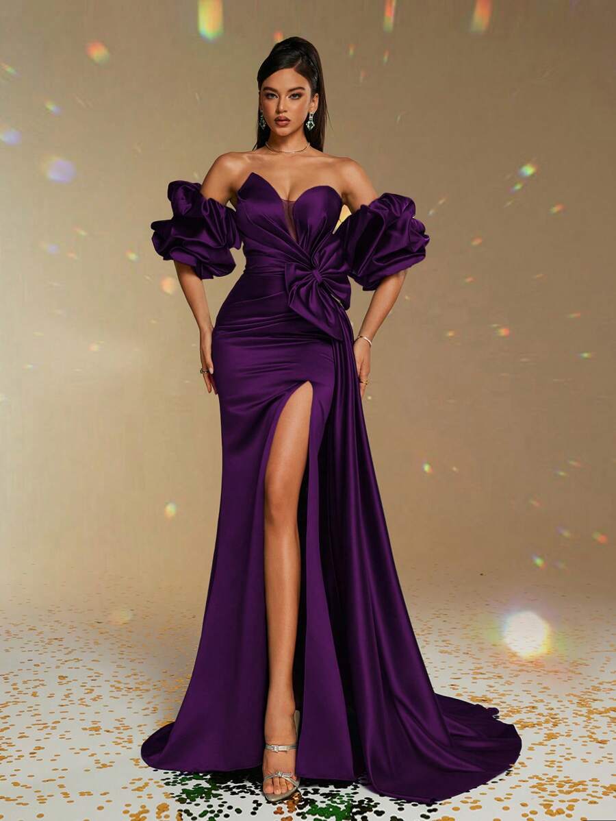 Smilprince New Elegant Formal Evening Gown, Sheath Off-Shoulder Ruffle, Bow Satin, Elegant Party, Prom Dresses For Women, For Wedding Guest - 紫色 - 查看 1