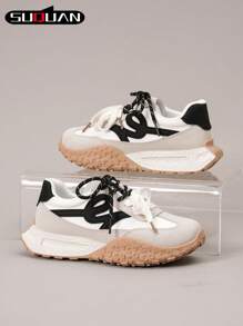 Women's Color Block Lace Up Sports Shoes, Fashionable Lightweight Casual Comfortable Slip-On Flat Shoes, Outdoor Comfortable Running Sneakers - Beige - View 10