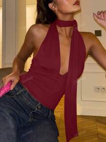 Canotte eleganti e sexy da donna per feste, con lacci, schiena scoperta e taglio corto