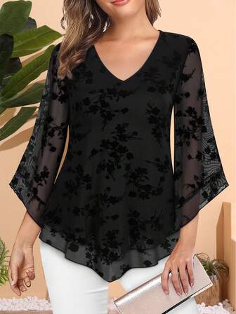 CheersLife Women Plus Size Dressy Blouse V Neck Double Layers Elastic Mesh Casual Flowy Work Shirts Ruffle 3/4 Flared Sleeve Tunic Tops