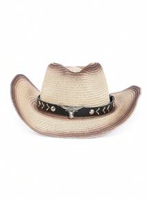 男女通用棕色喷漆草编防晒西部牛仔帽适合户外休闲场合万圣节