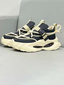 Fashionable Casual Men Shoes, Thick Sole Lace Up Air Cushion Comfortable Sneakers, Increase Height - Black - View 5