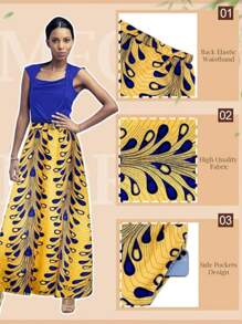 4 PCS African Printed Maxi Skirt For Women Outfit Traditional Printed Costume Set With Pockets Wooden Earrings - 印花裙 - 查看 2