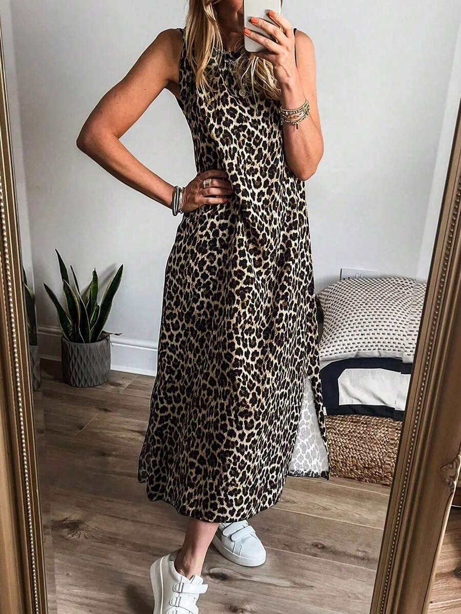 Oversized Sleeveless Leopard Print Beige Maxi Casual Dress - Beige - View 1