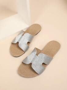 宽版 Mosoct 女士简约镂空露趾拖鞋，度假纯色户外平底凉鞋 - 銀色 - 查看 6