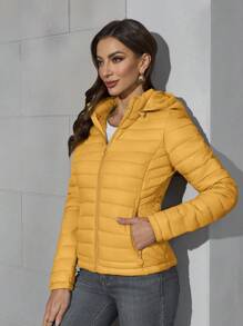 Women's Minimalist Hooded Padded Coat With Pockets, Puffer Jacket For Fall/Winter - Yellow - View 9