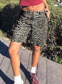 Short casual de mujer con bolsillo frontal y estampado de leopardo, para uso diario