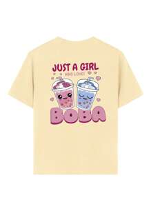 1件装 女童休闲珍珠奶茶图案印花圆领短袖T恤，夏季学生青少年服装 - 艺术风格T恤，激发想象力和自我表达！ - 杏色 - 查看 5