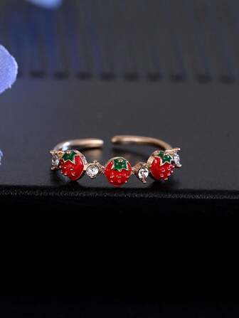 1pc Sweet Strawberry Open Ring With Zirconia, Dainty Strawberry Design Knuckle Ring With Crystal Inlay, Minimalist And Cute