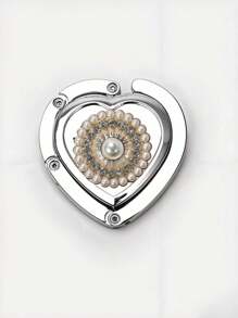 心形水钻和珍珠金属折叠式桌面挂钩、女士钱包架 - 銀色 - 查看 14