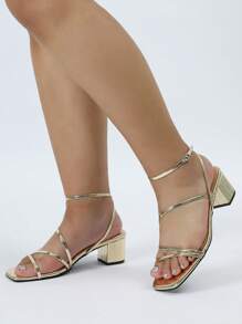 Wide Fit Women Simple Style Summer New Criss-Cross Open Toe Versatile Square Toe Charming Vacation Party High Heels