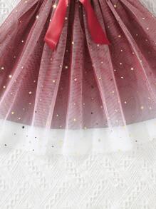 女童无袖花朵蕾丝亮片纯色网眼公主裙，夏季