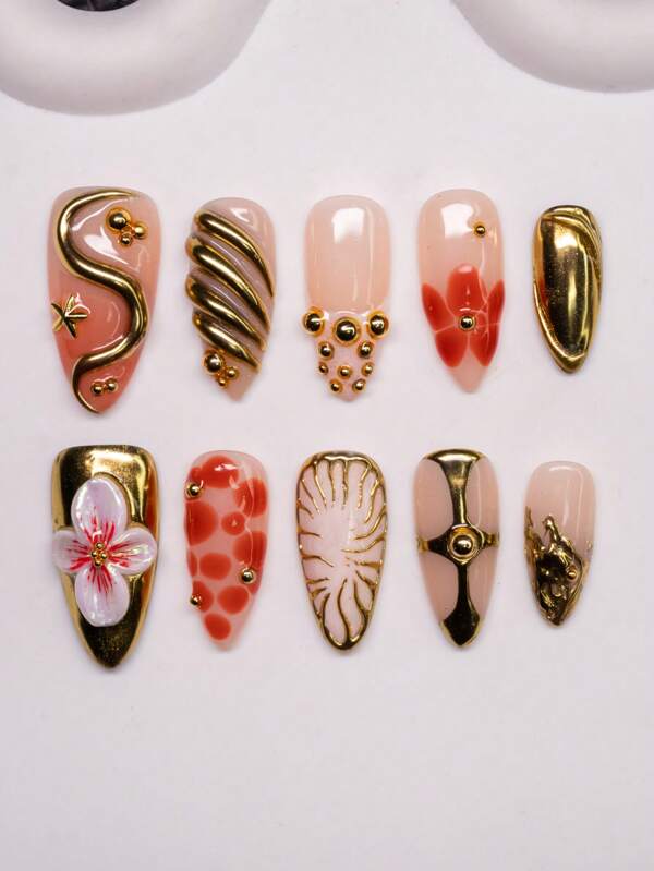 Spring/Summer Handmade Almond Shaped Nail Tips, Y2K Chic Style, Nude, Gold, Red Colors With Asymmetrical Metallic Liquid Pattern, Pure Handmade Carved Flowers, Beads, Star Design. Suitable For Women And Girls. 10pcs/Set, 3 Size Options, For Party, Dance, Daily Wear, Includes Tools Kit, Great Gift For Ladies And Girls