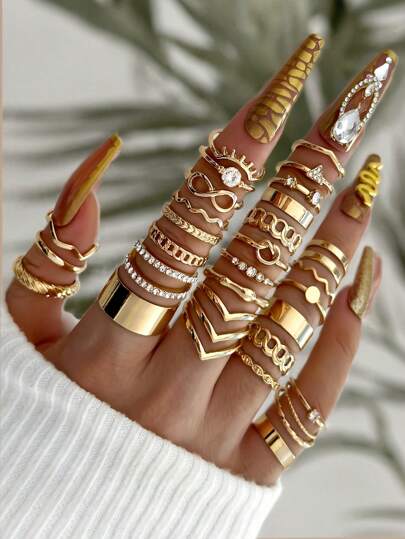 30pcs Elegant & Stylish Stacking Rings Set For Women, Minimalist Hollow Chain & Infinity Symbol Design, Suitable For Daily, Party, Wedding, Valentine's Day Gift,Mom,Mother,Mother's Day,Gift