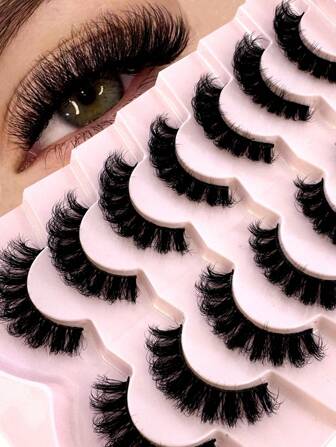 7 pares/paquete Pestañas rusas con rizo DD, pestañas postizas voluminosas y gruesas, rizadas y esponjosas, pestañas postizas de visón artificial 3D con aspecto de ojos de gato, tiras de pestañas postizas de volumen 8D para levantar la mirada y alargar y dar volumen a la esquina exterior del ojo para un maquillaje de belleza