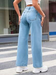 Pantalones vaqueros  para mujer con unicolor a la moda y bolsillos grandes - Azul - Ver 2