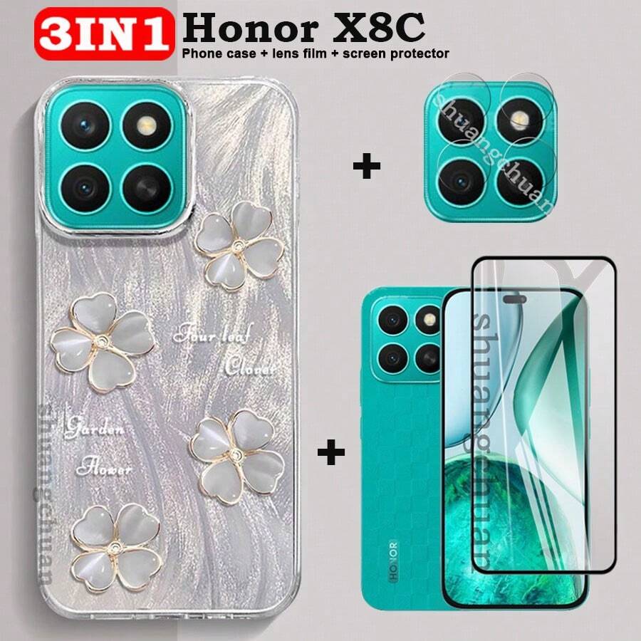 3 件套荣耀 X8C 手机壳荣耀 X8C 钢化玻璃荣耀 X6B X8B 屏幕保护膜高级流沙壳四叶草彩绘保护套全屏钢化玻璃 + 镜头膜荣耀 X6B X6A 荣耀 400 Lite 生日、家人、朋友礼物手机屏幕保护膜、手机配件