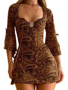 Vestido retro estampado de verano para mujer, escote en V profundo, abertura, mangas 3/4 acampanadas, vestido francés ajustado para playa nocturna. - Marrón - Ver 5