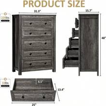 Farmhouse 5 Drawers Dresser, Wood Rustic Chest Of Drawers For Bedroom, Tall Dressers Organizer With Metal Handles, 5 Drawers Chest For Living Room, Hallway, Entryway, Rustic White