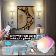 Daoteper Battery Operated Wall Sconces Set Of Two, Wireless Battery Black Wall Light With 15 Colors RGB Rechargeable Magnetic Bulb, Indoor White Fabric Shade Wall Mounted Lamp For Bedroom Living Room - 金色 - 查看 3
