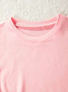 女孩休闲粉色图案印花圆领短袖 T 恤上衣，夏季 - 粉色 - 查看 5