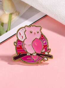 1pc Whimsical Night Creature Pin - Geometric Owl Design With Floral Mandala Backdrop In Blush Tones, Kawaii Forest Accessory