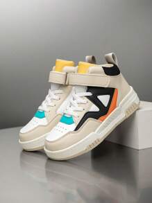 1 Pair Children's Casual Fashion High-Top Color Block Sports Shoes For Boys And Girls, Suitable For All Season - Khaki - View 12