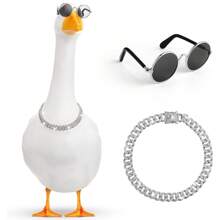 2pcs Chain Collar And Sunglasses Porch Goose Outfits For Plastic Goose 23"/ 17'' Lawn Goose Statue Sunglasses Gold Rhinestone Collar For Garden Goose Retro Pet Party Patio Yard