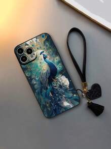 1 件细致纹理孔雀彩绘加厚防摔保护手机壳，配有可拆卸新款皮革心形腕带、DIY 手机壳吊坠、短腕带配件，适用于 16/16 Pro/16 Plus/16 Pro Max、 15 Pro Max 防水防震防刮