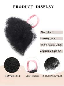 Kid's Summer 2pcs Kid Ponytail Double Afro Puffs Kinky Curly Hair Bun For Baby Age 0-3 Natural Black Synthetic Hair (Natural Black, Afro-4inch(2pcs)) - Black - View 2