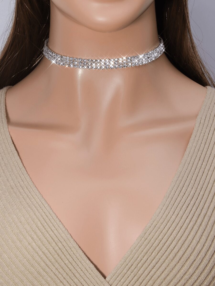 1 pieza Collar con cadena de tres hileras y garra con grandes diamantes, adecuado para uso diario - Plateado - Ver 1