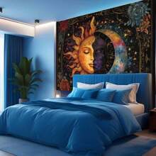 1pc Bohemian Sun And Moon Face Print Tapestry, Modern Polyester Square Wall Hanging Decor For Room, Living Room, Bedroom - Multicolor - View 5